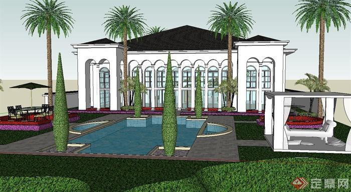 美式风格别墅建筑及庭院设计SU模型(1)