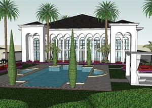 美式风格别墅建筑及庭院设计SU(草图大师)模型