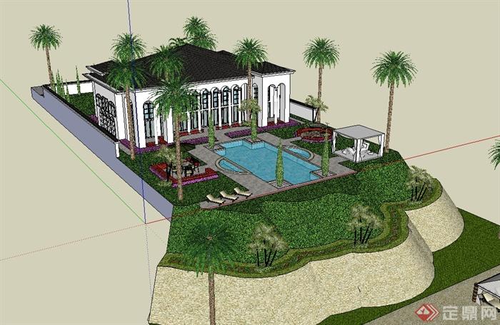 美式风格别墅建筑及庭院设计SU模型(3)