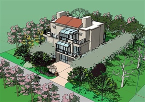 现代风格别墅住宅建筑楼及简单的庭院设计SU(草图大师)模型