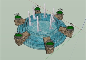 某现代风格喷泉水池设计SU(草图大师)模型
