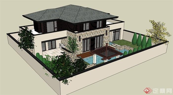 新古典风格别墅建筑及庭院设计SU模型(1)