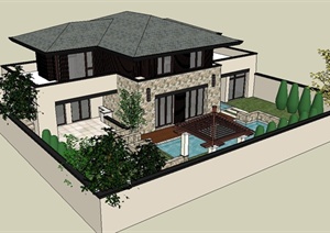 新古典风格别墅建筑及庭院设计SU(草图大师)模型