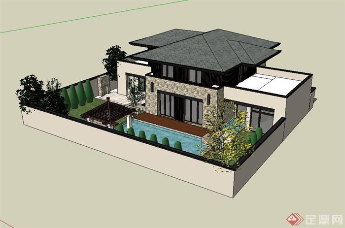 新古典风格别墅建筑及庭院设计SU模型(2)