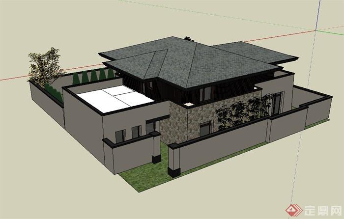 新古典风格别墅建筑及庭院设计SU模型(3)