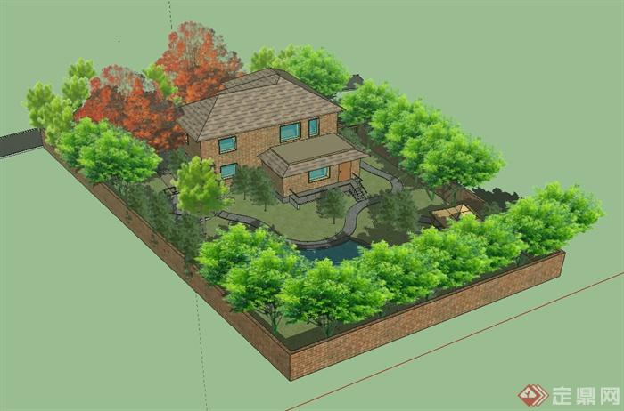 某美式风格别墅庭院设计SU模型(1)