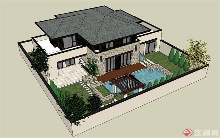 美式风格别墅庭院及建筑设计SU模型(1)
