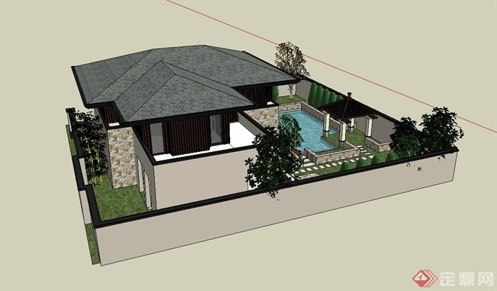 美式风格别墅庭院及建筑设计SU模型(3)
