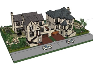 某英式风格两栋别墅建筑及庭院设计SU(草图大师)模型