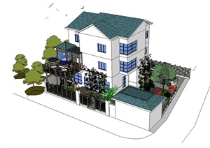 某美式风格详细精致别墅建筑与庭院设计SU(草图大师)模型