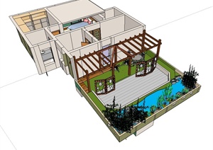某现代风格完整的庭院及室内空间设计SU(草图大师)模型
