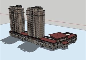 某欧式风格商务会所及住宅楼组合建筑SU(草图大师)模型