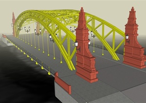 经典拱形跨江大桥设计SU(草图大师)模型