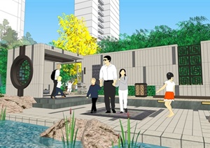 某现代中式风格住宅小区公园景观SU(草图大师)模型设计