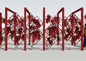 中国红剪纸风格特色艺术廊架设计SU(草图大师)模型