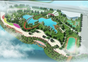 现代方风格海滨公园景观设计SU(草图大师)模型加鸟瞰效果图