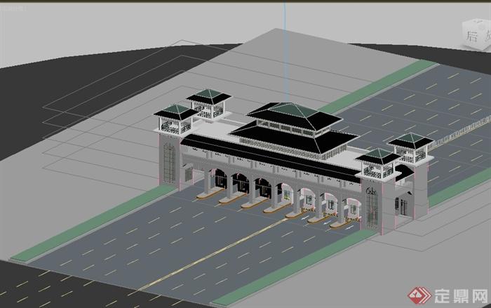 古典中式风格中式收费站建筑楼设计3d模型含效果图(2)