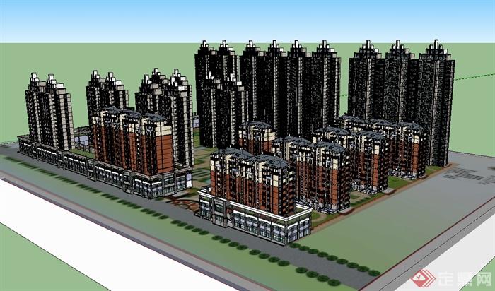 某混搭风格高层住宅小区建筑楼设计SU模型(1)