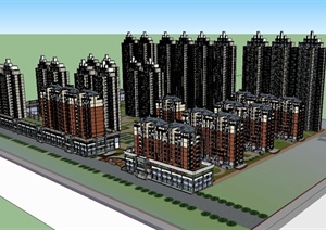 某混搭风格高层住宅小区建筑楼设计SU(草图大师)模型