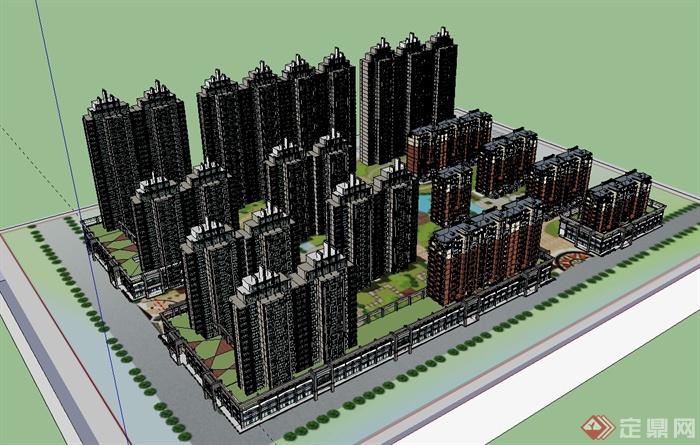 某混搭风格高层住宅小区建筑楼设计SU模型(2)