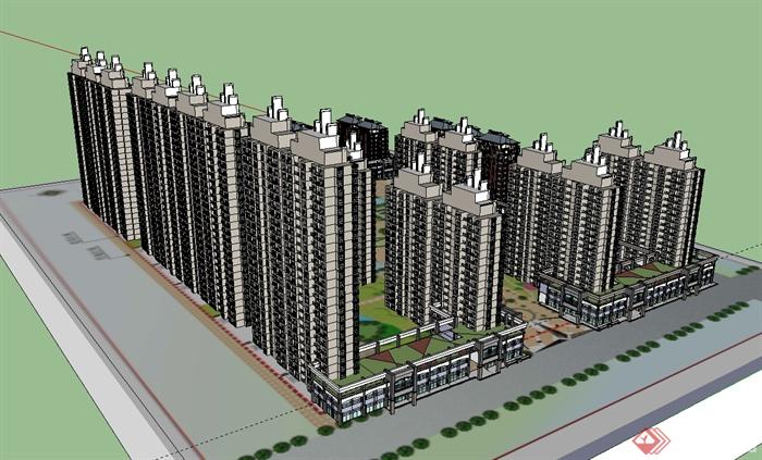 某混搭风格高层住宅小区建筑楼设计SU模型(3)