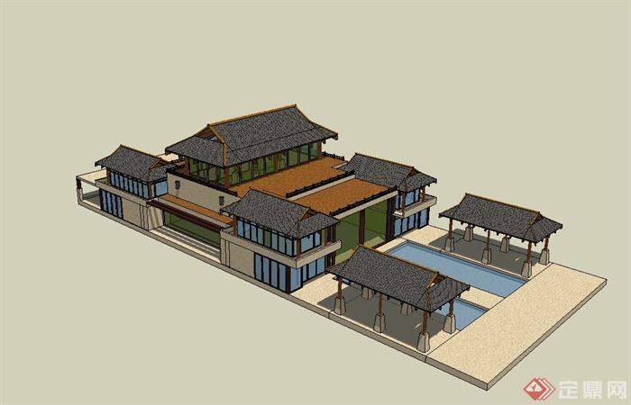某东南亚风格简约私家别墅建筑设计su模型