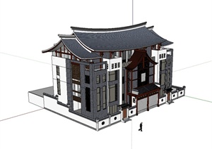 古典中式风格双拼别墅建筑设计SU(草图大师)模型