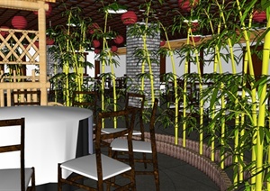 某现代中式城厢楼餐饮室内设计SU(草图大师)模型