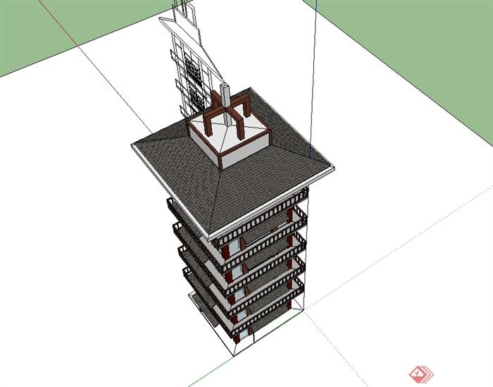 古典中式风格多层塔楼设计su模型(3)