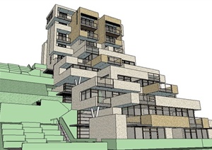 现代山地公寓住宅楼建筑设计SU(草图大师)模型