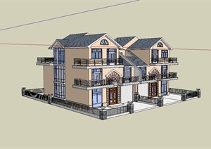 美式风格双拼别墅建筑楼设计SU(草图大师)模型