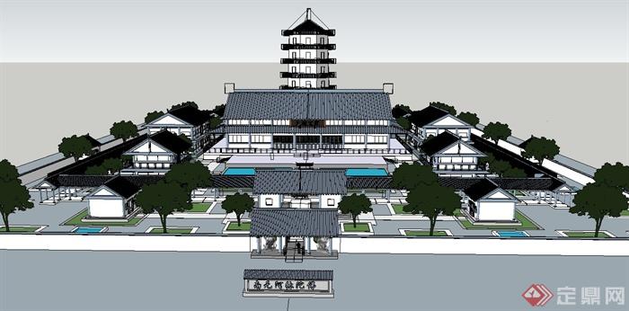 某古典中式风格寺庙古塔建筑设计SU模型(1)