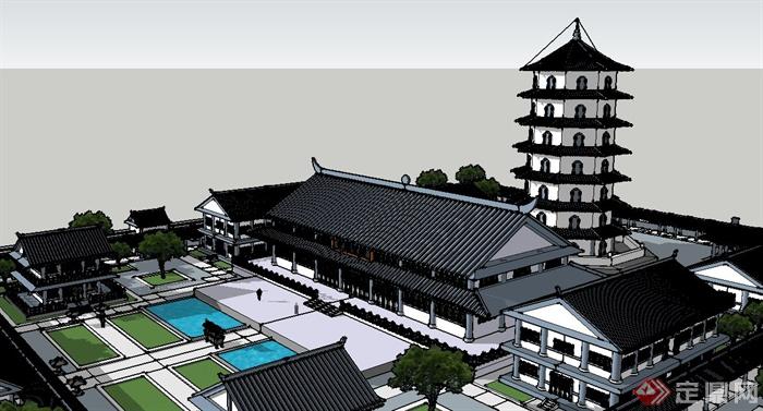 某古典中式风格寺庙古塔建筑设计SU模型(5)