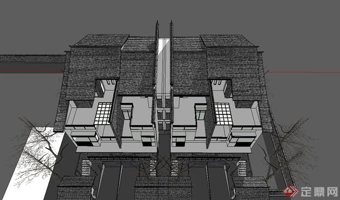 某现代中式风格联排别墅建筑SU模型设计(4)