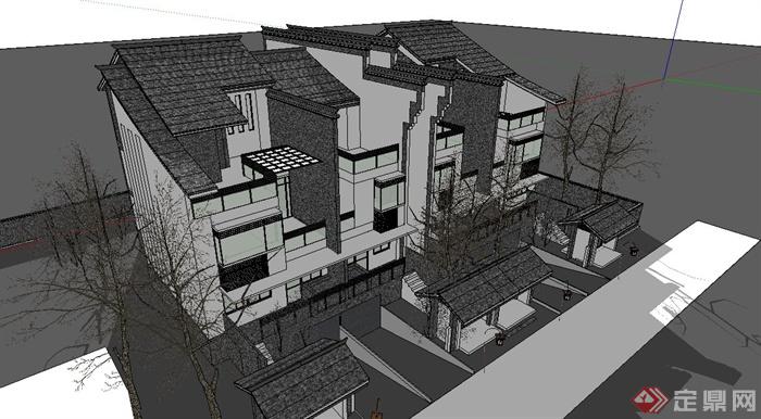 某现代中式风格联排别墅建筑SU模型设计(5)