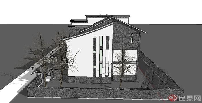 某现代中式风格联排别墅建筑SU模型设计(6)