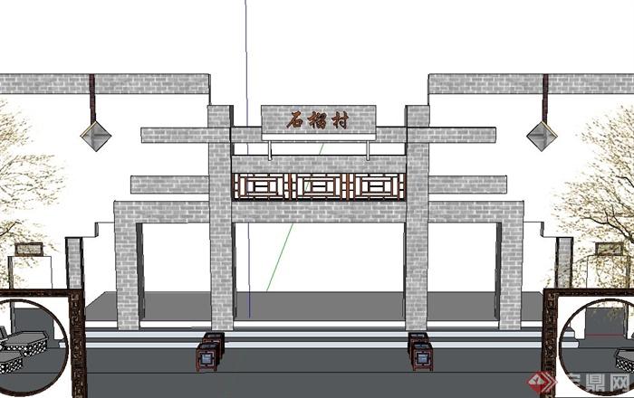 某现代中式风格村口牌坊建筑SU模型(7)