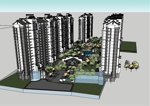 新中式风格住宅景观及住宅楼设计SU(草图大师)模型