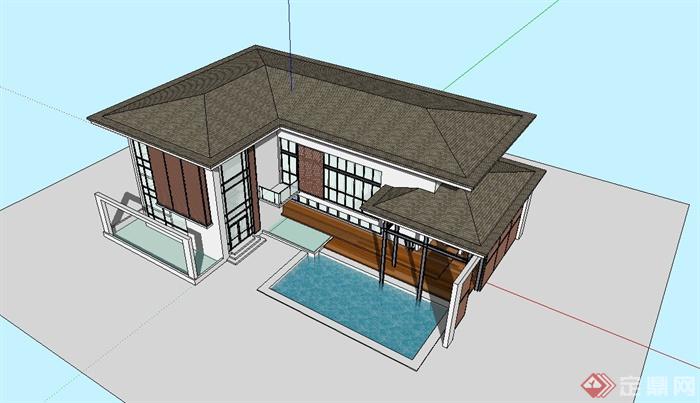 某日式风格独栋别墅建筑SU模型设计(2)