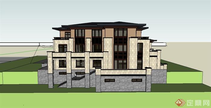 某现代中式精致联排别墅建筑SU模型设计(4)