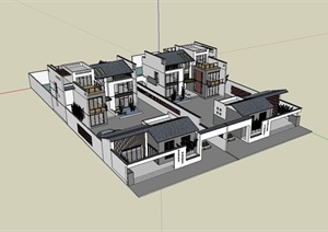 现代中式风格双拼私人别墅建筑楼设计SU(草图大师)模型