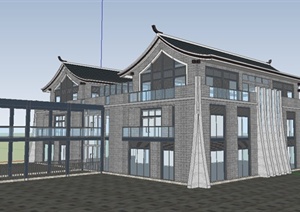 简约新中式茶馆建筑设计SU(草图大师)模型
