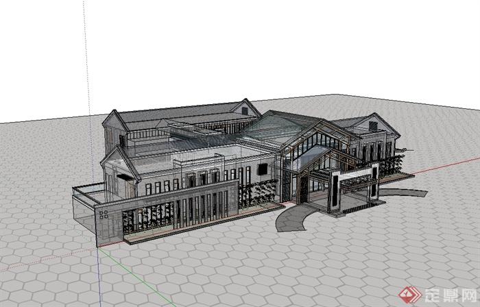 某现代中式风格游客接待中心建筑设计su模型(2)