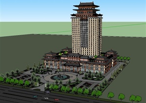 汉唐风格酒店建筑设计SU(草图大师)模型含景观