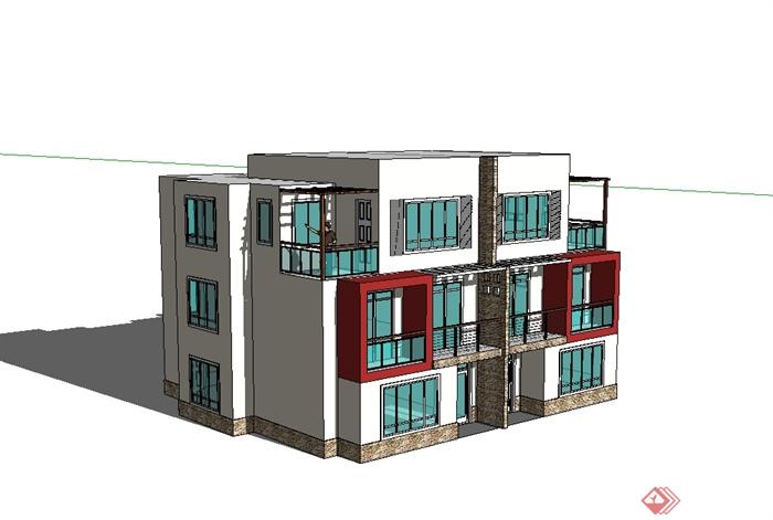 现代风格三层双拼别墅建筑设计su模型(2)