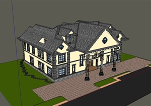 某美式风格双拼别墅建筑楼设计SU(草图大师)模型