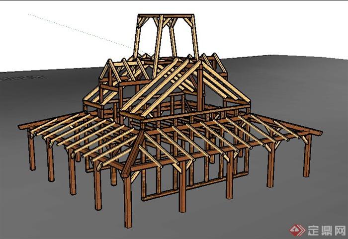 灯塔小屋木质框架结构su模型(1)
