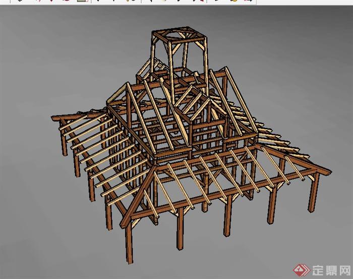 灯塔小屋木质框架结构su模型(3)