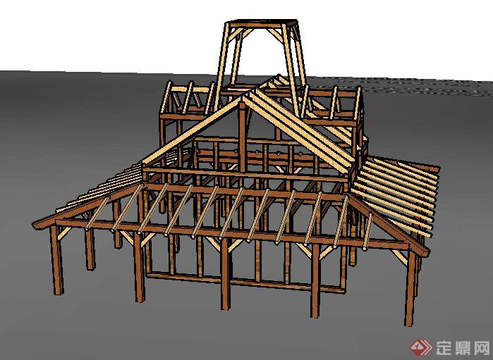 灯塔小屋木质框架结构su模型(2)