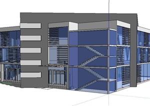 现代简约转角三层办公楼建筑设计SU(草图大师)模型